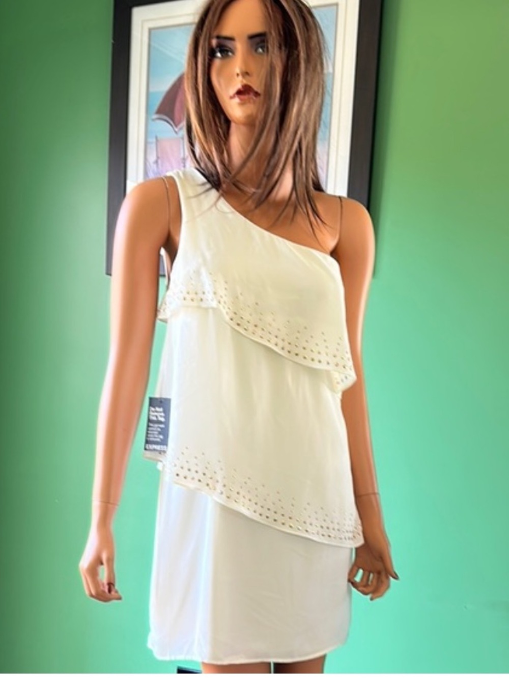 EXPRESS Cream One-Shoulder Ruffle Tiered Stud Detail Size 4 Dress
